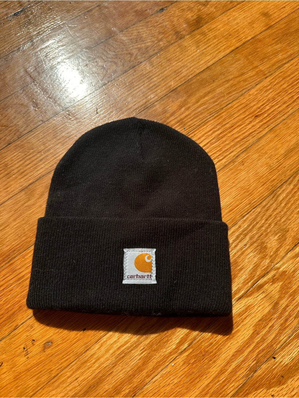 Carhartt Black Knit Cuffed Beanie with Tan Logo Patch